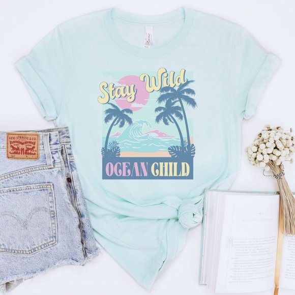 Tops - Stay Wild Ocean Child Graphic T-shirt, Beach Shirt, Vacation Shirt - Ice Blue